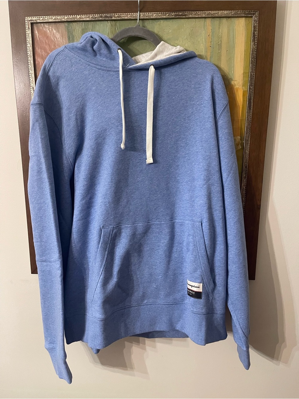 Champion Light Blue Pullover Hoodie with White Drawstrings
